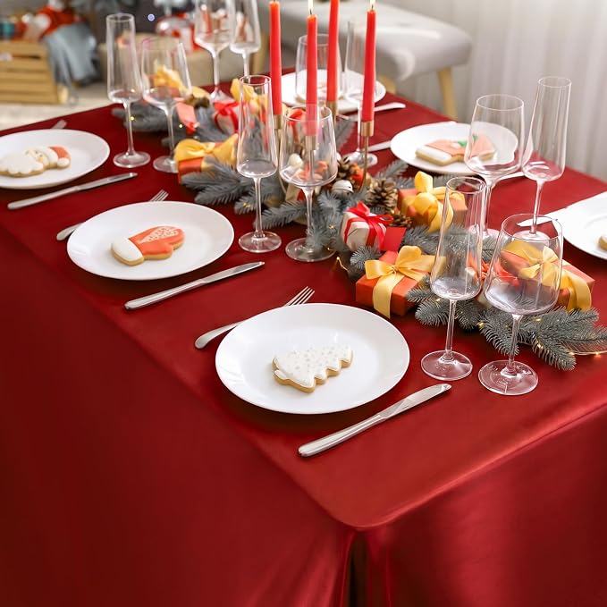 TURSTIN 1 Pack Burgundy Satin Tablecloth 102 x 58 Inch Overlay Satin Table Cover Rectangle Bright Silk Tablecloth Smooth Fabric Table Decoration for Wedding Banquet Party Events