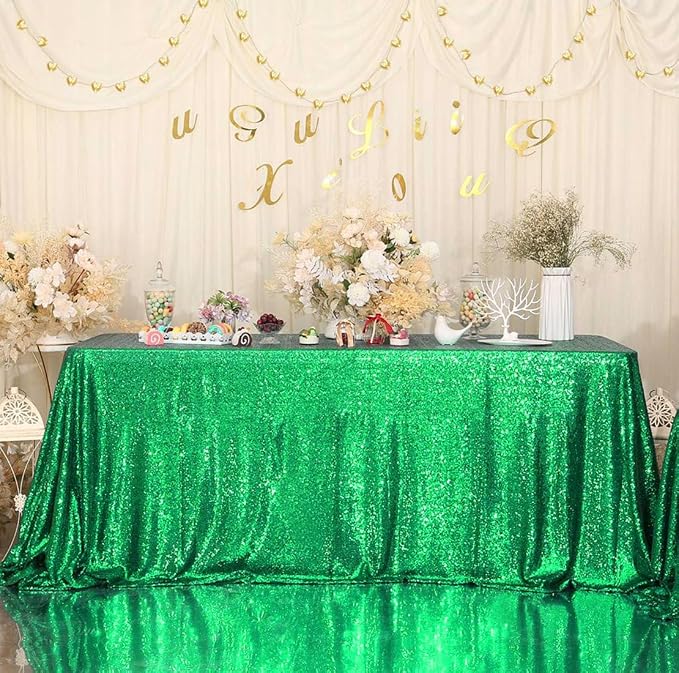 Eternal Beauty Green Tablecloth, 90x156 Inch Sequin Rectangle Glitter Table Cover for Cake Dessert Exhibition Party Birthday Events