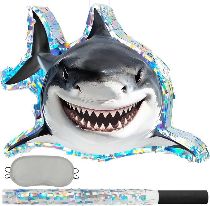 WERNNSAI Shark Piñata - Under the Sea Party Decorations Great White Shark Piñata with Blindfold and Stick for Men Boys Ocean Birthday Decorations Celebration Carnival Supplies