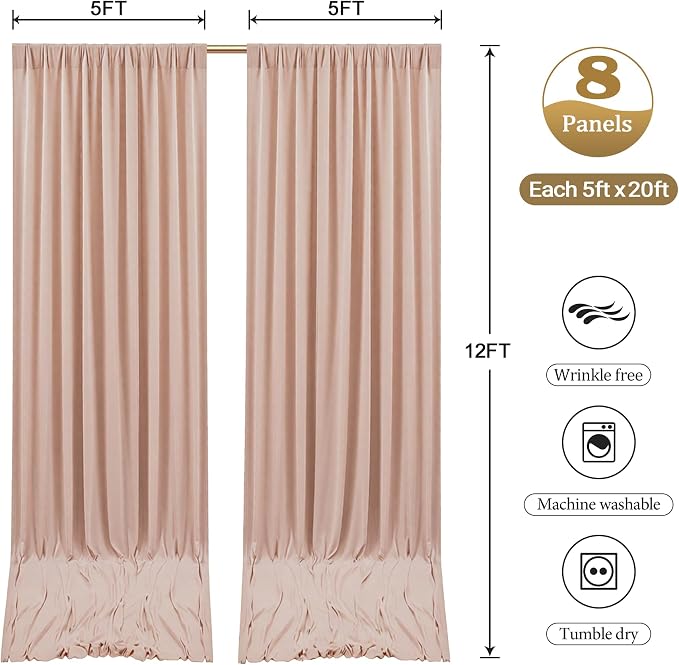 10ftx12ft Wrinkle Free Nude Backdrop Curtain, 8 Panels 12FT Long Wedding Photo Backdrop Drapes, Silky Polyester Back Drop Cloth for Birthday Photography Background Party Backdrop Draping