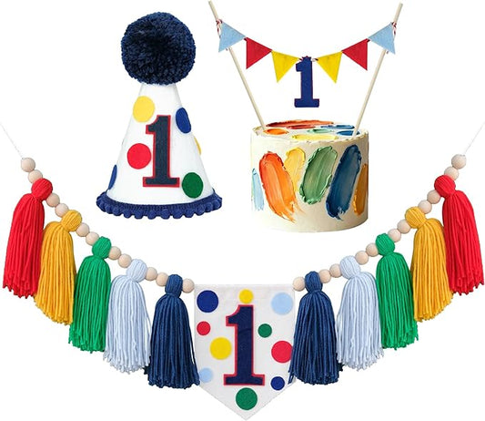 Colourful Rainbow Dot 1st High Chair Banner Conical Cap Primary Colors Cake Topper for Boys Girls Birthday Party Decorations