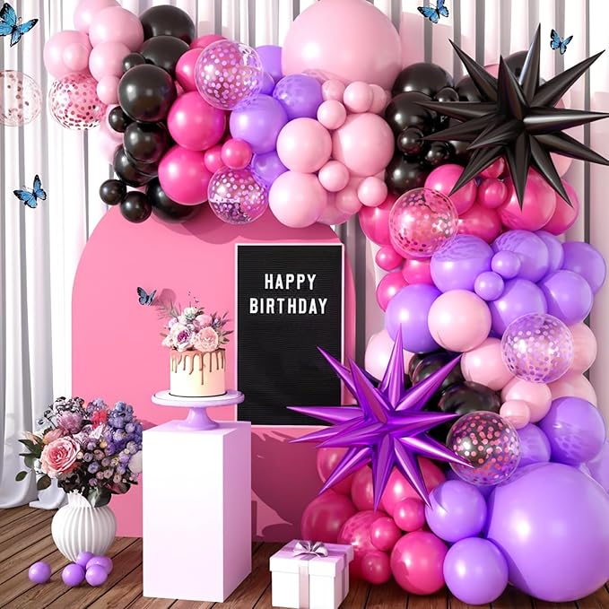 Hot Pink and Purple Balloon Arch Kit, Black Hot Pink Purple Balloons Garland Kit Latex Party Balloons with Confetti Balloon Star Balloons for Girls Birthday Party Baby Shower Party Decoration