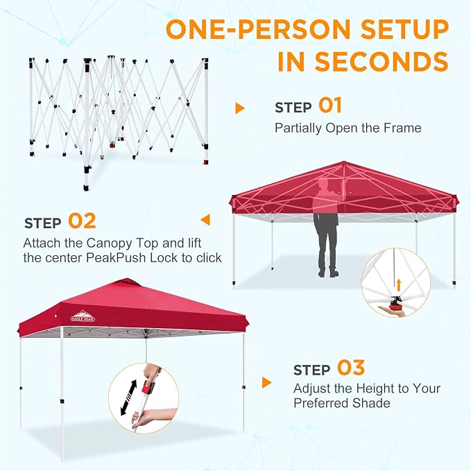 EAGLE PEAK Pop Up Canopy Tent with Wheeled Carry Bag, 8 Stakes, 4 Ropes, 4 Weight Bags, Easy Set Up Tent Canopy, 12x12 ft, 144sqft of Shade, Red