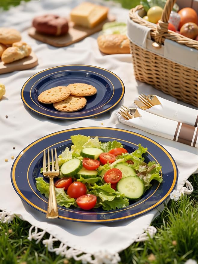 WDF Partyware 175PCS Blue and Gold Plastic Plates - Navy Blue Plates with Pre Rolled Napkins for Party - 25Guest Disposable Dinnerware Sets for Party/Birthday/Wedding