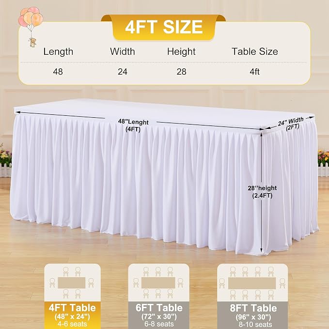 2 Packs White Tableclothes for 4 Foot Rectangle Tables, Wrinkle Free 48 x 24 Inch Fitted Table Cover 4ft Stretch Table Cloths with Skirt for Parties Weddings Birthday Banquet Baby Shower