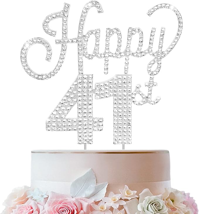 LINGTEER Happy 41st Birthday Silver Rhinestone Cake Topper - Cheers to 41st Birthday 41 Years Old Anniversary Party Cake Centerpieces Topper Decorations Gift Sign.