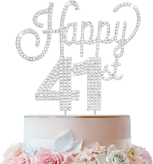 LINGTEER Happy 41st Birthday Silver Rhinestone Cake Topper - Cheers to 41st Birthday 41 Years Old Anniversary Party Cake Centerpieces Topper Decorations Gift Sign.