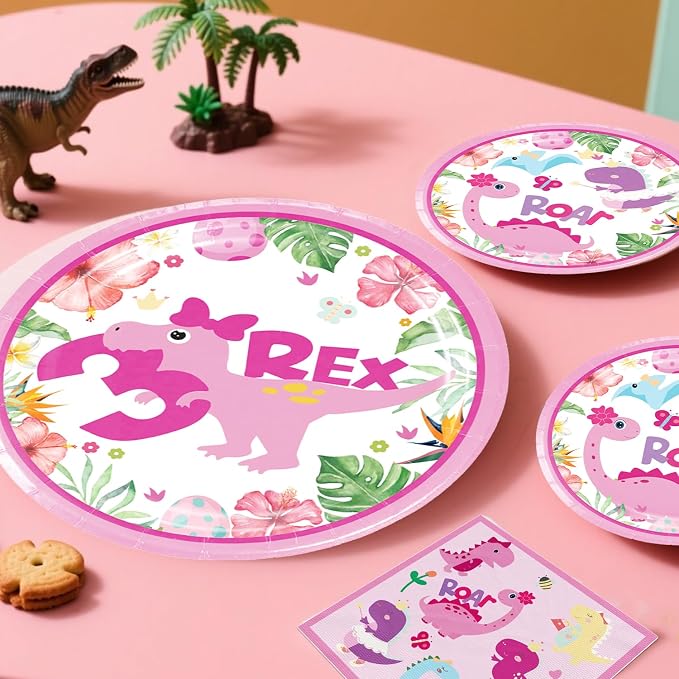314Pcs Three Rex Birthday Decorations Serves 25 Guests, All-in-One Pink Dinosaur Birthday Decorations Includes Balloon Arch Kit, Banner, Plates, Balloons Box, Tablecloth, Cake Topper