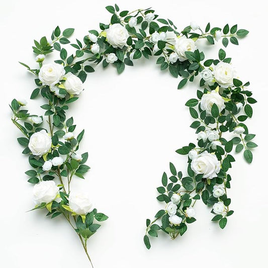 6FT Bendable Flower Garland, Artificial Rose Vine Hanging Floral Garland Decoration for Weding Home Room Wall Decor (White, 1pcs)