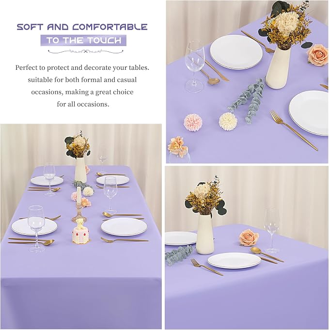 Showgeous 4 Pack Lavender Rectangle Tablecloth 60 x 102 Inch, Wrinkle Resistant Washable Polyester Table Cover for Wedding Dining Table Buffet Parties and Camping