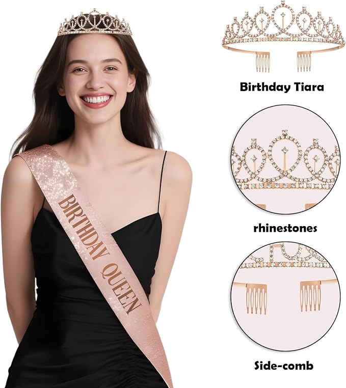 Happy Birthday Decorations for Women Girls, Black Rose Gold Birthday Party Decor Include Sash and Crown, Balloons, Banner, Backdrop, Cake Topper & 6pcs Paper Pom Poms (Black rose gold)