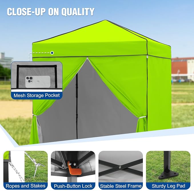 6x4 Pop Up Canopy Tent with Four Wall Panels, Instant Portable Beach Canopy, Outdoor Tent with Carry Bag for Camping, Sports, Tailgating, Events, Neon Green