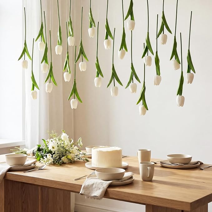 12 Pack White 5 ft Artificial Tulips Hanging Flower Garland Decorations Spring Summer Dangling Faux Tulip Floral Vine Strings with Hooks for Wall Ceiling Wedding Tea Party