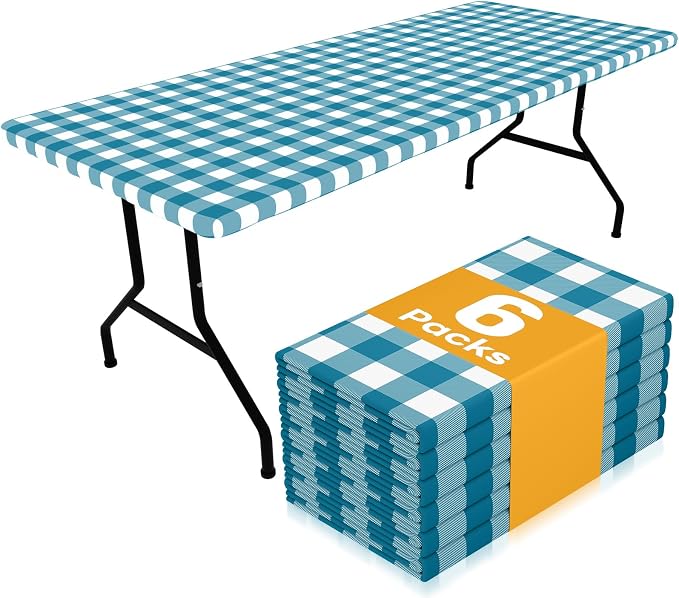 Smiry Picnic Table Cloth 6 Pack, Waterproof Elastic Fitted Tablecloths for 4FT Rectangle Tables, Washable Polyester Buffalo Plaid Tablecloth for Camping & Outdoor (Turquoise & White, 30" x 48")