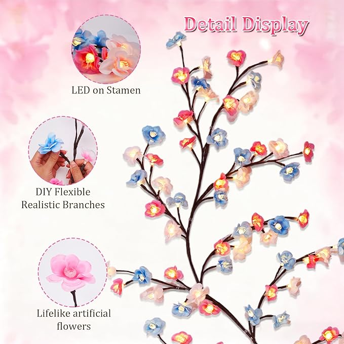 7.55 FT 144 LED Cherry Blossom Tree Branch Lights for Wall,8 Modes Artificial Pink Cherry Blossom Garland with Remote and Timer,Willow Vine Lights (144 LED Three-Color Cherry Blossom)