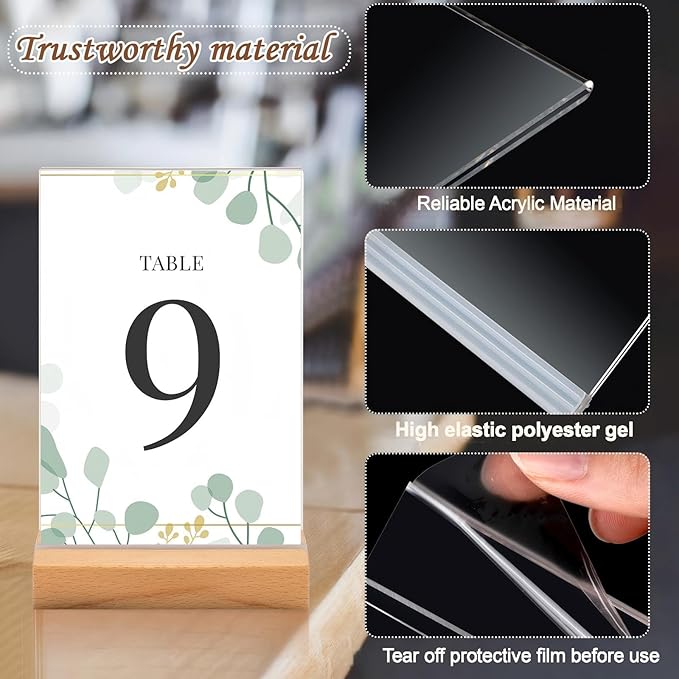 Vinsot 24 Pack 4 x 6 Inches Clear Acrylic Sign with Wood Base T Shape Sign Holder Vertical Blank Stands Desktop Display Plastic Menu Frame Double Sided Flyer Stand for Wedding Restaurant Party Decor