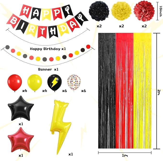 Red Black Yellow Party Supplies,Include Balloons Happy Birthday Banner Fringe Curtain Tissue Paper Pompoms Garland