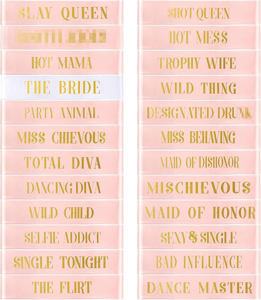 JellyArch 24 Pcs Bride Sash Bachelorette Party Bridesmaid Sashes Set Bridal Team Sash Bachelorette Party Sashes Bridal Shower Decorations Bride Gifts for Bridesmaids Maid of Honor(White Rose Gold)