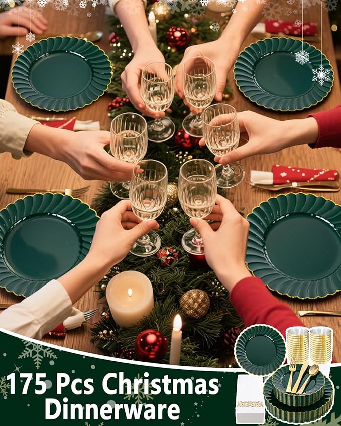 YOUBET 175PCS Green Scalloped Plastic Plates - Green and Gold Disposable Dinnerware Set Include 50 Plates, 75 Gold Silverware, 25 Cups, 25 Napkins for Party & Wedding