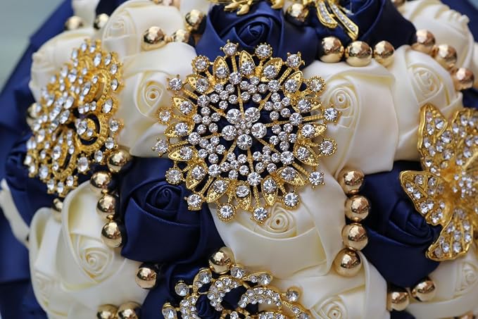 Gold Brooch Wedding Bridal Bouquet for Bride Bridesmaid Quinceanera with Bling Rhinestone Pearl Satin Rose Flower Bouquet Wedding Navy Blue and Ivory 8.3in