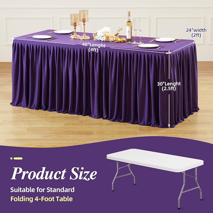 PARTISKY 1 Pack Purple Tablecloths for Rectangle Tables 4ft, Wrinkle Resistant Spandex Table Cover Fitted Stretch Table Cloth with Pleated Ruffle Skirts for Party Banquet Dining Birthday Wedding