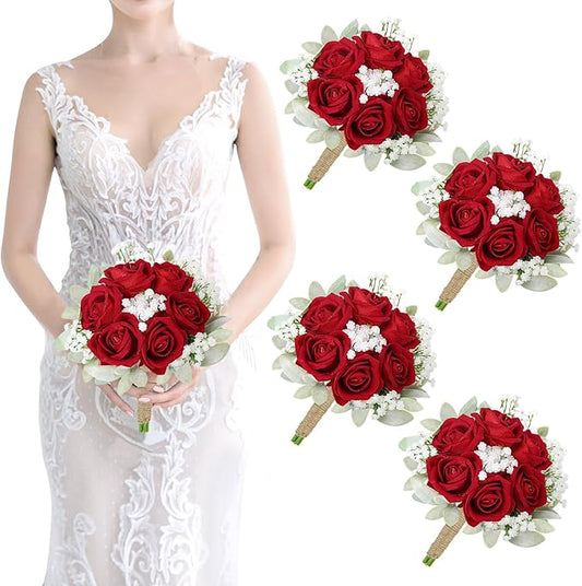Burgundy Bridesmaids Bouquets Set of 4-7 Inch Artificial Flower Bouquet for Bridesmaid Pre-Made Gypsophila Silk Rose Small Floral Bouquet for Wedding Bridal Shower Ceremony Anniversary Deocr