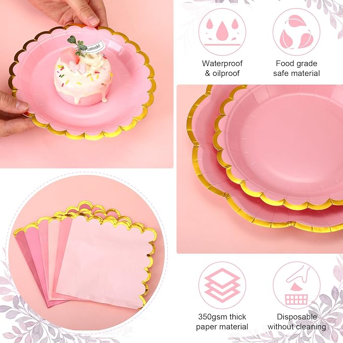 144 Pcs 48 Guests Pink Paper Plates and Napkins Party Supplies Gradient Pink Scalloped Plates with Gold Rim 9 Inch 7 Inch Disposable Dessert Party Decoration for Wedding Birthday Baby Shower