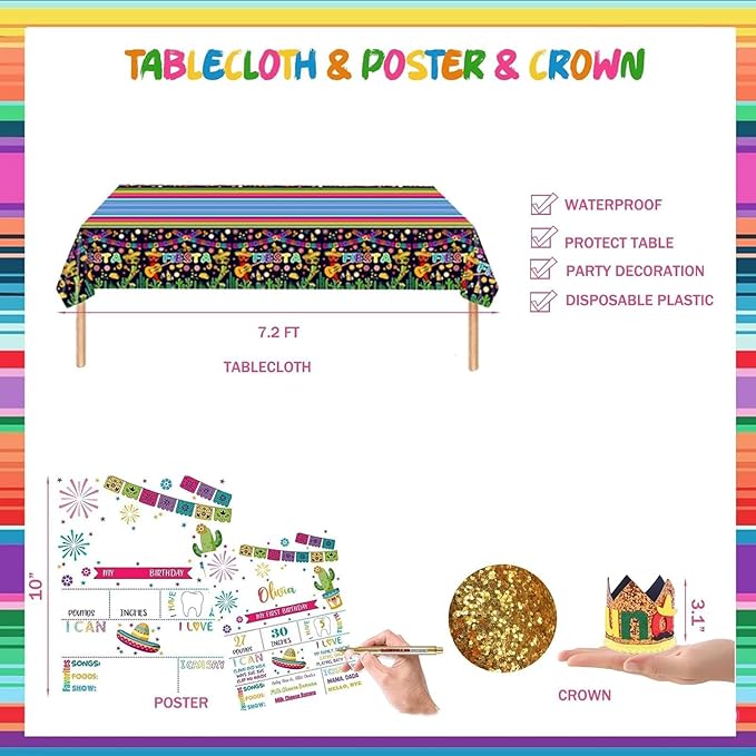 First Fiesta Birthday Decorations, Mexican Theme 1st Uno Party Decorations Backdrop Balloon Monthly Photo Highchair Banner Tablecloth Cake Cupcake Topper Box Cutout Crown Poster