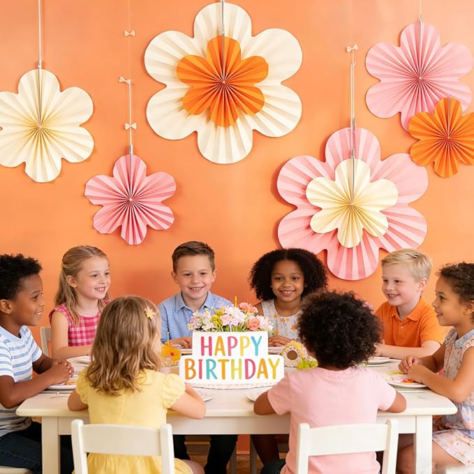 PAPER JAZZ Spring Paper Flowers Decoration Summer Orange Birthday Party Decoration Orange Pink Groovy Paper Fans Classroom for Wall Hanging Decor for Office Baby Shower Bulletin Board.