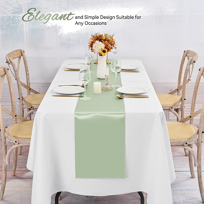 24 Pack Sage Green Satin Table Runners, 12 x 108 Inch Long Table Runners for Rectangle Round Tables,Smooth Satin Table Runner for Wedding,Birthday Party Banquets Graduation Engagements Decoration