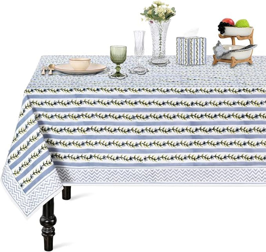 Ridhi Blue Meadow Vine Block Print Cotton Rectangle Tablecloth 60" x 60" Reusable Decorative Everyday Use for Dining Room, Farmhouse, Home Gift for Spring, Mother's Day