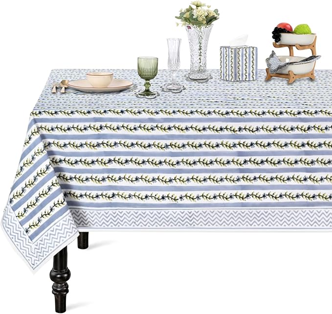 Ridhi Blue Meadow Vine Block Print Cotton Rectangle Tablecloth 120" x 80" inches Table Cover Decorative Everyday Use for Dining Room, Farmhouse, Home Gift for Spring, Mother's Day
