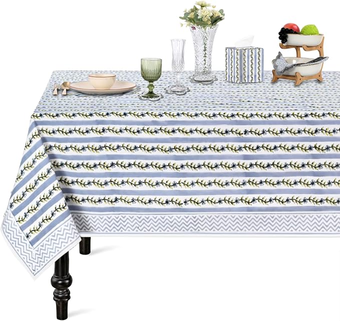 Ridhi Blue Meadow Vine Block Print Cotton Rectangle Tablecloth 90" x 60" Reusable Table Cover Decorative Everyday Use for Dining Room, Farmhouse, Home Gift for Spring, Mother's Day