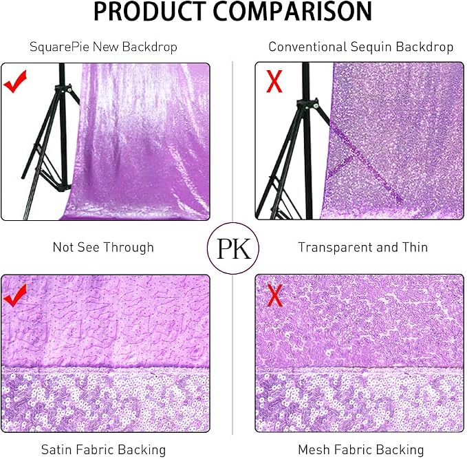 SquarePie 10x10ft Lavender Sequin Backdrop for Photography, Satin-Backed Real Sequin Curtain, Enhanced Coverage Shimmering Background with 4" Rod Pocket for Wedding, Birthday, Party Decor, 1 Panel
