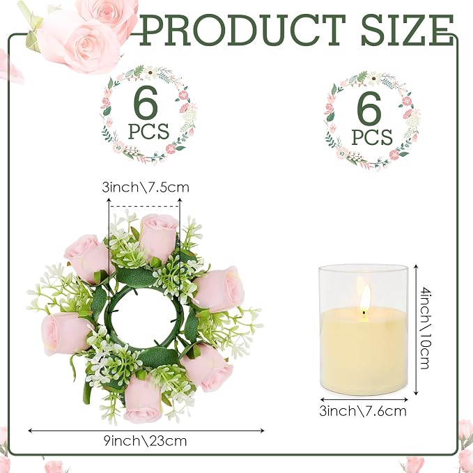 Pink Rose Candle Rings with Flameless Candles Sets - 12PCS Artificial Flower Eucalyptus Wedding Centerpiece 3 Inch Pillar Candleholders Wreaths for Wedding Party Decor (Pink - 6 Sets)