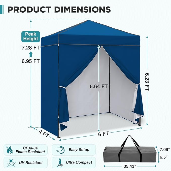 EAGLE PEAK 6x4 Instant Pop Up Canopy Tent with 4 Side Wall Panels, Straight Leg Sun Shelter, Portable Canopy with Carry Bag for Camping, Beach & Sports, Dark Blue