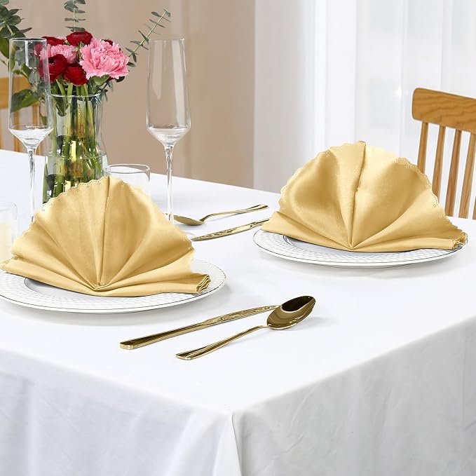 Homiest Gold Satin Napkins - 100 Pack (17x17 Inches), Scalloped Square - Silky & Elegant, Perfect for Wedding, Dinner & Party