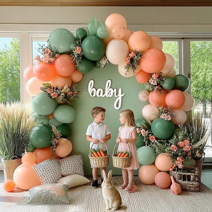Sage Green Peach Balloon Arch, Double Stuffed Dusty Green Pastel Orange Blush Nude Matte Balloon Garland Kit for Baby Shower Birthday Bridal Wedding Easter Party Decoration