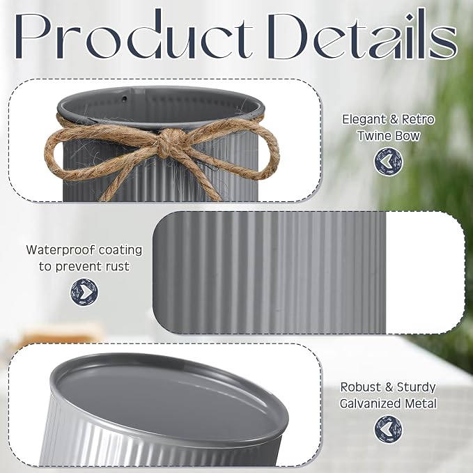 Rustic Vase for Table Centerpieces 4.33 Inch Small Petite Flower Vase with Twine Bow Vintage Farmhouse Decor for Wedding Reception Dining, Home Galvanized Metal Buckets(Gray,12 Pcs)
