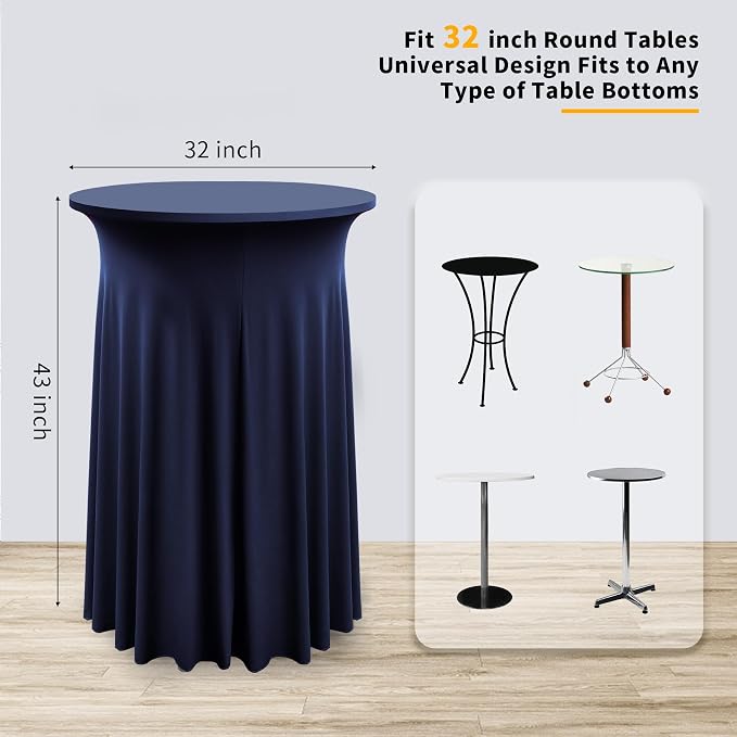 Nobed 6 Pack Wrinkle Free Stretch Spandex Table Covers, Navy Blue Cocktail Tablecloths with Skirt, 32X43 Inch High Top Highboy Round Cocktail Table Covers for Party Banquet Birthday Bar