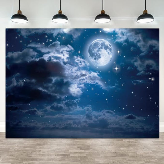 6x4ft Moon Backdrop Full Moon Night Starry Sky Photography Background Bright Stars Cloud Girl Boy Birthday Party Baby Shower Banner Decorations Kids Newborn Portrait Photo Booth Prop