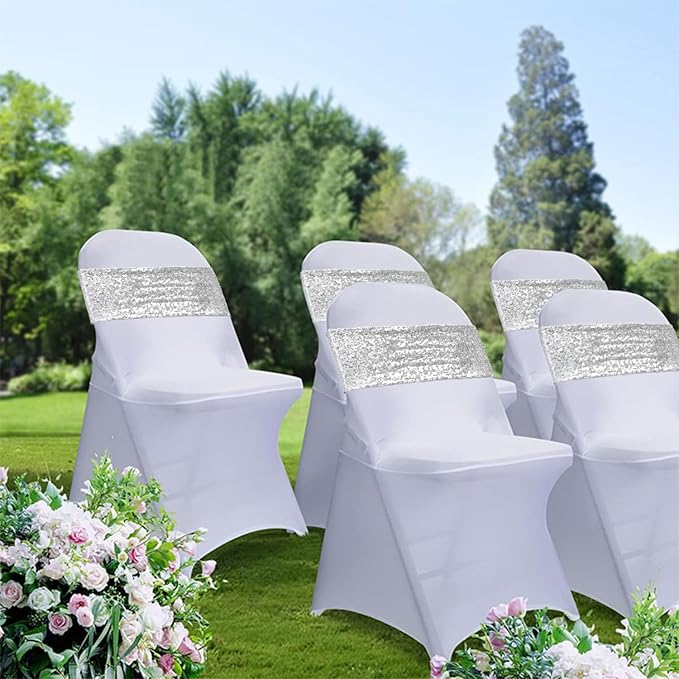 Sequin Silver Chair Sashes 50 Pack Glitter Silver Chair Bows Bands with Buckle for Wedding Birthday Party Bridal Shower Anniversary Engagement Christmas Events Decorations
