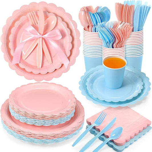 Ziliny 350 Pcs Pink Blue Plates and Napkins, 50 Guest Spring Party Supplies Include Scalloped Paper Plates Napkins Cups Plastic Spoons Forks Knives Disposable Tableware Set for Baby Shower