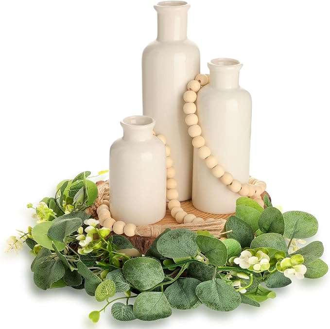 Geelin 6 Pcs Rustic Table Centerpieces, Set of 3 Boho Ceramic Vases, Wooden Serving Tray, Modern Farmhouse Wood Beads Garland Tassel, Artificial Greenery for Home Coffee Tabletop Decor(White)