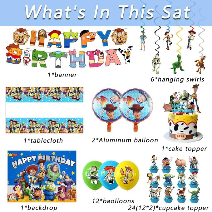 48PCS Toy Story Birthday Party Supplies Set, Including Happy Birthday Banner, Backdrop, Swirl Decorations, Balloons, Cake Topper, Cupcake Toppers, Tablecloth