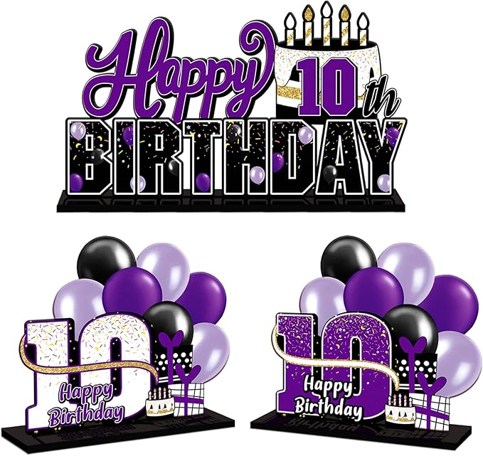 LINGTEER Happy 10th Birthday Purple Acrylic Table Topper Centerpieces Set - Cheers to Ten Years Old Birthday 10th Bday Party Gift Decorations.