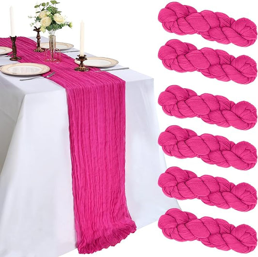 6 Pack 10FT Hot Pink Cheesecloth Table Runner 120 Inch Long Gauze Rustic Boho Spring Cheese Cloth Table Runner Sheer Fabric Decorations for Holiday Party Wedding Banquet Bridal Baby Shower Décor