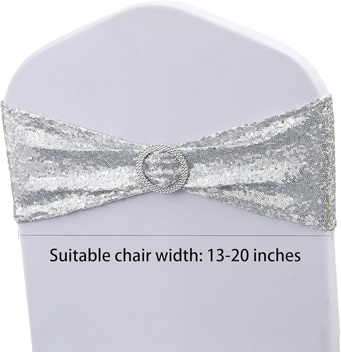 100 Pack All Around Sequin Silver Chair Sashes Bows for Wedding Celebration Decor JKDMJF Sequins Chair Bands with Buckles for Party Baby Shower Chair Decorations, Glitter Silver Chair Sash