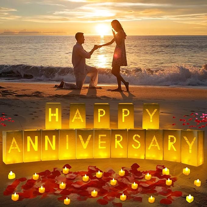 Happy Anniversary Decoration, Light Up Letters Luminaries Signs with Flameless Candles and Fake Rose Petals, Anniversary Romantic Party Decor