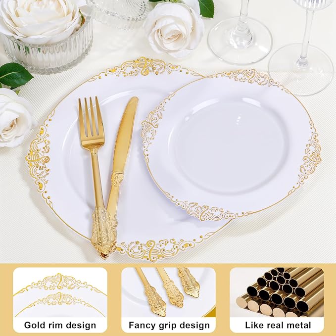 125PCS White and Gold Plastic Plates - Gold Disposable Plates with Plastic Silverware - Vintage Disposable Dinnerware Set for 25 Guests for Wedding Party Dinner Holiday